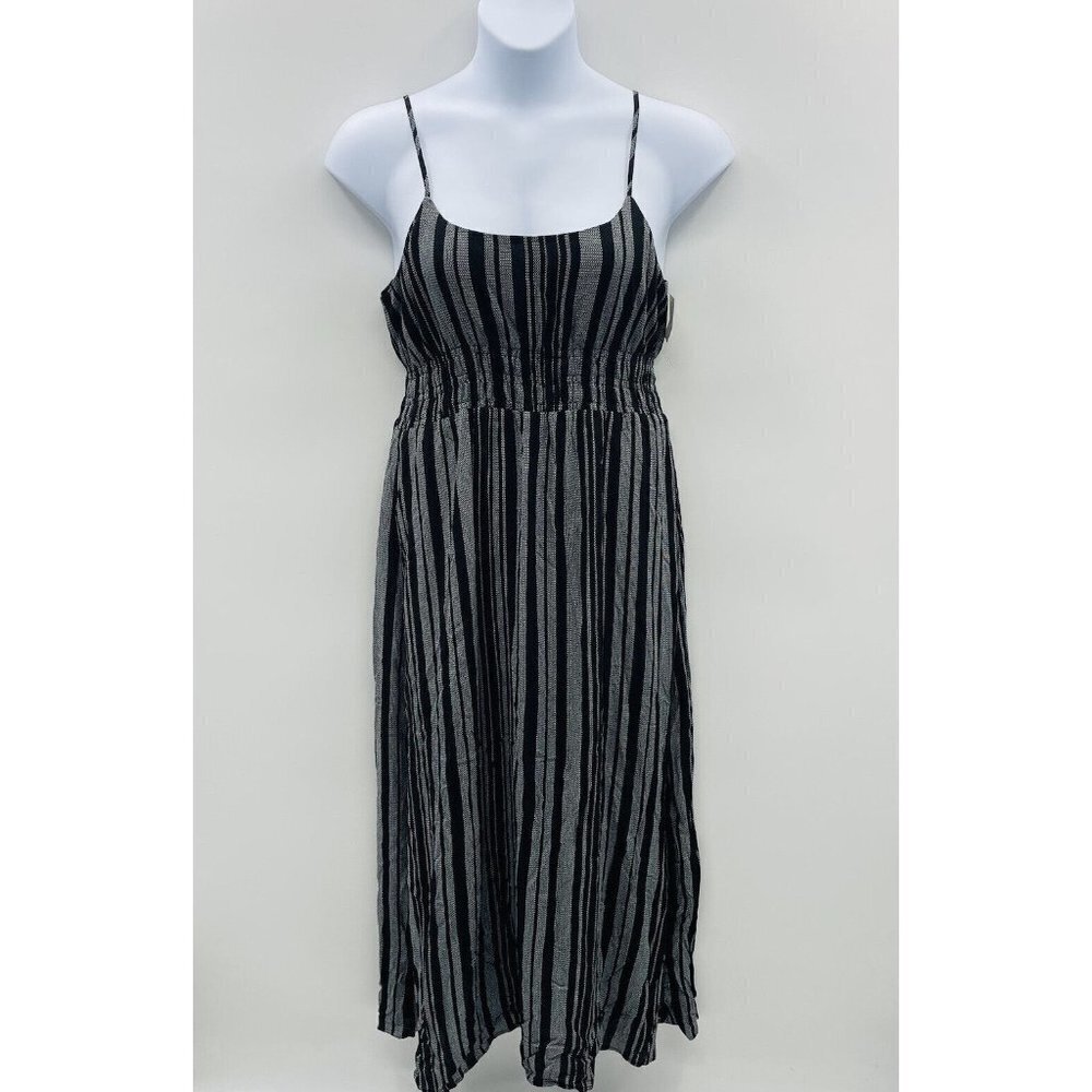 Caslon Womens Size Large Smocked Striped Maxi Dress with Side Slit in Black